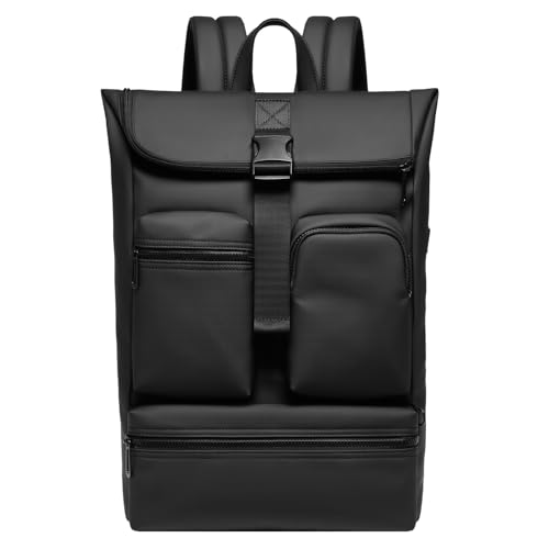 GYakeog Rolltop Rucksack Herren Damen Wasserdicht Laptop Rucksack 15,6 Zoll mit USB-Anschluss Fahrradrucksack Anti-Diebstahl Schulrucksack für Uni Arbeit Reisen Freizeit-Schwarz von GYakeog