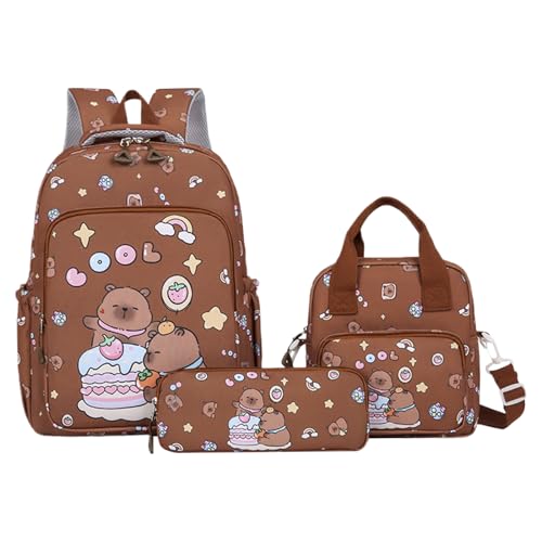 GZBMEZS Capybara Rucksack – Cartoon-Büchertaschen-Set | Reiserucksack mit Federmäppchen und Lunchtasche für das tägliche Leben Mädchen Schulaktivitäten, dunkelbraun, Refer to description von GZBMEZS