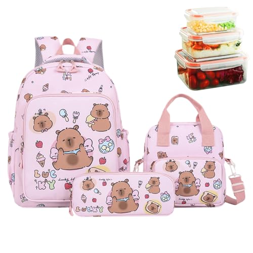 GZBMEZS Capybara Rucksack – Cartoon-Büchertaschen-Set | Reiserucksack mit Federmäppchen und Lunchtasche für das tägliche Leben Mädchen Schulaktivitäten, rose, Refer to description von GZBMEZS