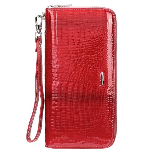 GZE-KODJFKPO Damen-Geldbörse aus echtem Leder, RFID-blockierendes Kreditkartenetui, großes Fassungsvermögen, Damen-Reisegeldbörse, mehrfach Lange Clutch-Geldbörse(Red) von GZE-KODJFKPO