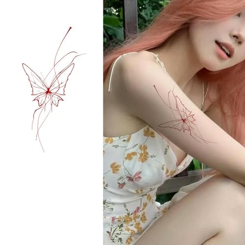 Temporäre Tattoos Tattoo Aufkleber Falsche Tätowierung Farbe Wasserdicht Damen Langlebige Rote Schmetterlingslinie Simulation Ins Style Waschbar Große Und Kleine Bilder von GZEOCR