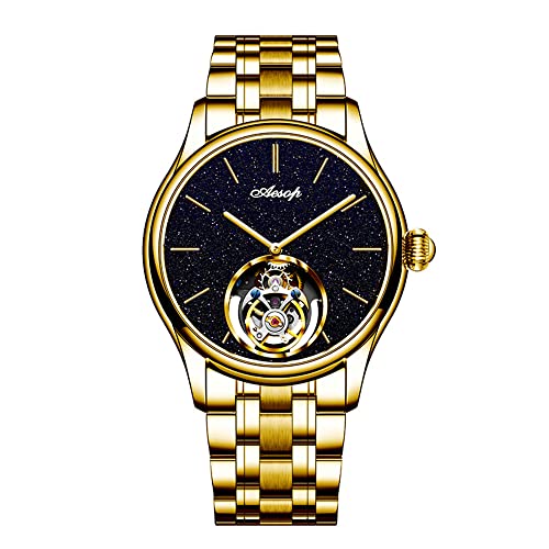 Aesop Classic Real Tourbillon Skelett Handaufzug Mechanische Armbanduhr Herren Saphir Kristall Manuell Wind Business Kleid Uhr Herren Edelstahl Leder Armband Sand Stein Zifferblatt Armbanduhren von GZFCMY