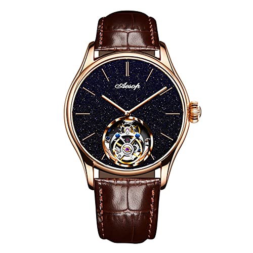 Aesop Classic Real Tourbillon Skelett Handaufzug Mechanische Armbanduhr Herren Saphir Kristall Manuell Wind Business Kleid Uhr Herren Edelstahl Leder Armband Sand Stein Zifferblatt Armbanduhren von GZFCMY