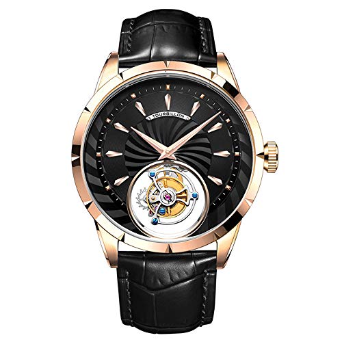 Aesop Echtes Tourbillon Skelett Handaufzug Mechanische Armbanduhr Herren Saphirkristall Manuelle Business Kleid Uhr Mann Leuchtendes Lederband, Roségold Schwarz, 42mm von GZFCMY