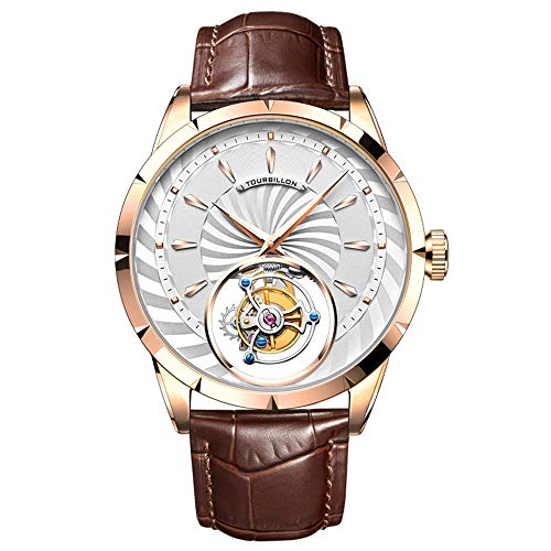 Aesop Echtes Tourbillon Skelett Handaufzug Mechanische Armbanduhr Herren Saphirkristall Manuelle Business Kleid Uhr Mann Leuchtendes Lederband, Roségold Weiß, 42mm von GZFCMY