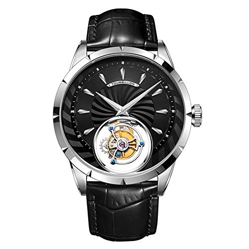 Aesop Echtes Tourbillon Skelett Handaufzug Mechanische Armbanduhr Herren Saphirkristall Manuelle Business Kleid Uhr Mann Leuchtendes Lederband, silber, schwarz, 42mm von GZFCMY