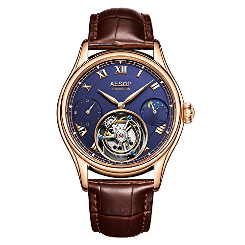 GZFCMY Aesop Real Tourbillon Skelett Handaufzug Mechanische Armbanduhr Herren Saphir Kristall Manuelle Kleid Uhr Mann Leuchtend Leder Mondphase Multifunktion, Rotgold, Blau, Braun, 107,95 cm, Riemen von GZFCMY