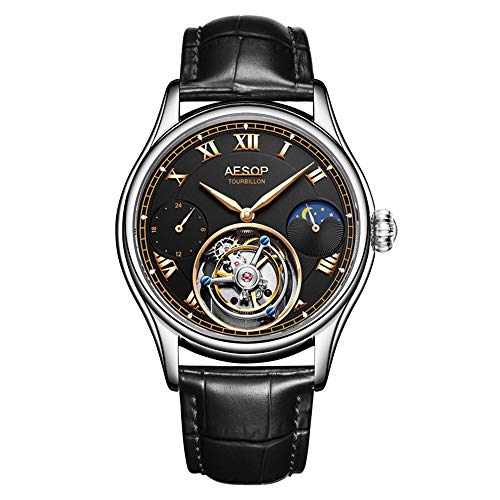 GZFCMY Aesop Real Tourbillon Skelett Handaufzug Mechanische Armbanduhr Herren Saphir Kristall Manuelle Kleid Uhr Mann Leuchtend Leder Mondphase Multifunktion, silber, schwarz, 107,95 cm, Riemen von GZFCMY