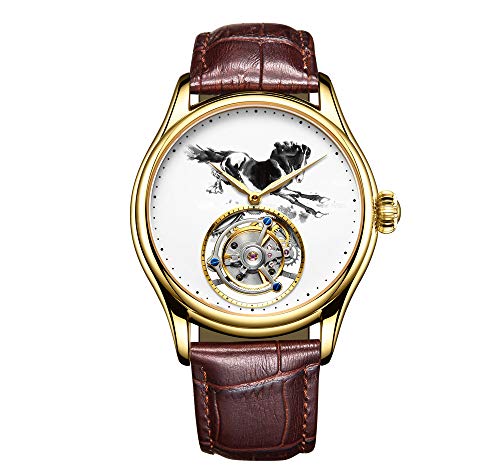 Aesop Mechanische Armbanduhr mit echtem Tourbillon-Skelett-Handaufzieher, Saphir-Kristall, manuelle Business-Uhr, Herren, leuchtendes Lederband, Tintenpferd-Zifferblatt, gold, 42mm von GZFCMY