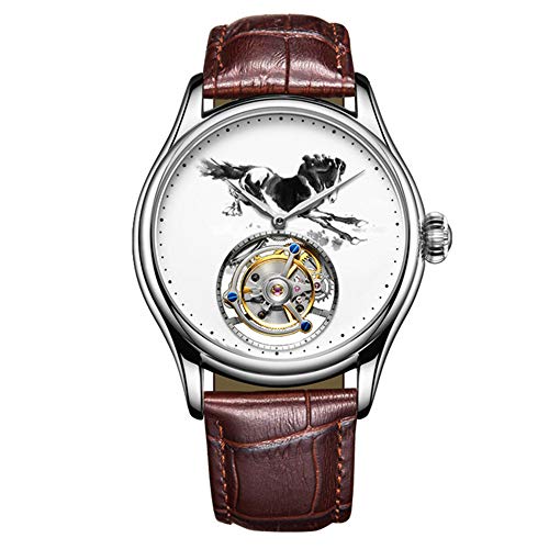 GZFCMY Aesop Echte Tourbillon Skelett Handaufzug Mechanische Armbanduhr Herren Saphir Kristall Handbuch Business Kleid Uhr Mann Leuchtendes Lederband Tinte Pferd Zifferblatt, silber, 42mm, Riemen von GZFCMY