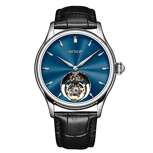 GZFCMY Aesop Off-Achse Tourbillon Skelett Handaufzug Mechanische Armbanduhr Herren Saphir Kristall Manuelle Business Kleid Uhr Mann Leuchtend Edelstahl Leder, Silber Blau Schwarz, 107,95 cm, Riemen von GZFCMY