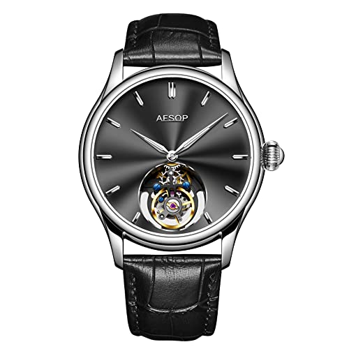 GZFCMY Aesop Off-Achse Tourbillon Skelett Handaufzug Mechanische Armbanduhr Herren Saphir Kristall Manuelle Business Kleid Uhr Mann Leuchtend Edelstahl Leder, Silberfarbenes Leder, 107,95 cm, Riemen von GZFCMY