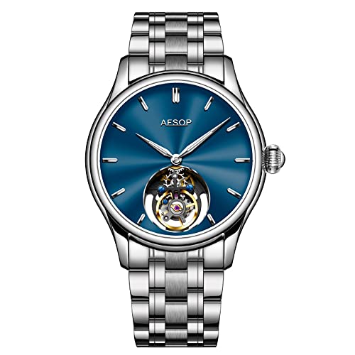 GZFCMY Aesop Off-Achse Tourbillon Skelett Handaufzug Mechanische Armbanduhr Herren Saphir Kristall Manuelle Business Kleid Uhr Mann Leuchtend Edelstahl Leder, silber, blau, 107,95 cm, Armband von GZFCMY