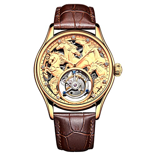 GZFCMY Aesop Skelett Tourbillon Handaufzug Mechanische Armbanduhr Herren Saphir Leuchtend Acht Laufende Pferde Uhr Leder sofort zum Erfolg Bright Future Uhr, Goldbraun, 42mm, Riemen von GZFCMY