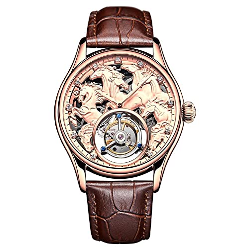 GZFCMY Aesop Skelett Tourbillon Handaufzug Mechanische Armbanduhr Herren Saphir Leuchtend Acht Laufende Pferde Uhr Leder sofort zum Erfolg Bright Future Uhr, Rosenbraun, 42mm, Riemen von GZFCMY