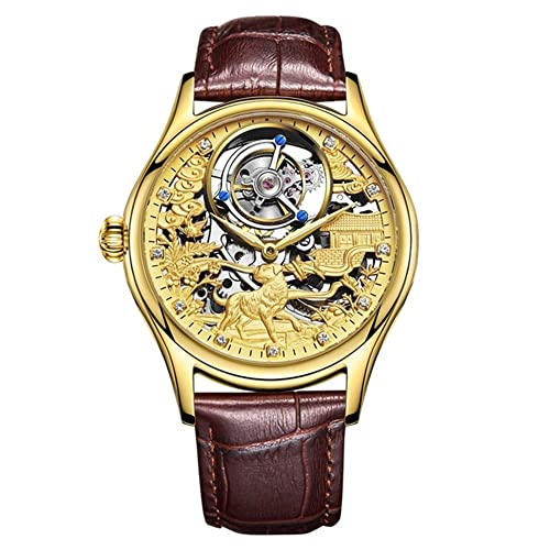 GZFCMY Aesop Skelett Tourbillon Handaufzug Mechanische Armbanduhr Herren Saphir Leuchtend Hund Schmetterling Elster Zifferblatt Uhr Leder Glücksbringer, Goldbraun, 42mm, Riemen von GZFCMY