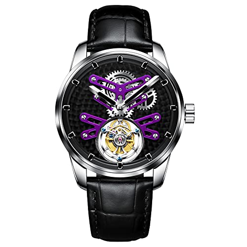 GZFCMY Aesop Stent Tourbillon Skelett Mechanische Handaufzug Armbanduhr Herren Saphir Kristall Manuell Special Hollow Business Kleid Uhr Männlich Leuchtend Edelstahl Leder Silber Lila Schwarz von GZFCMY