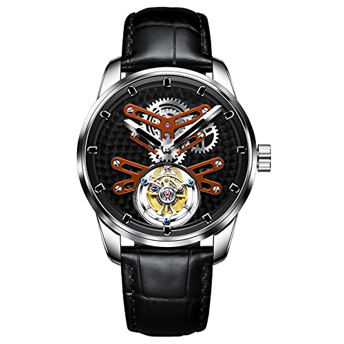 GZFCMY Aesop Stent Tourbillon Skelett Mechanische Handaufzug Armbanduhr Männer Saphir Kristall Manuelle Spezielle Hohl Business Kleid Uhr Männlich Leuchtend Edelstahl Leder, Silber, Orange, Schwarz, von GZFCMY