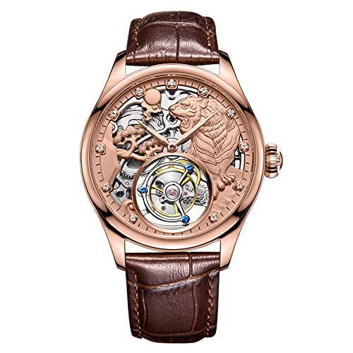 GZFCMY Aesop Tourbillon Mechanische Handaufzug Armbanduhr Herren Saphir Leuchtender Tiger Brüllender Wald Skelett Diamant Zifferblatt Uhr Lederband Alles geht glatt unbesiegbar Rosenbraun 42mm Riemen von GZFCMY