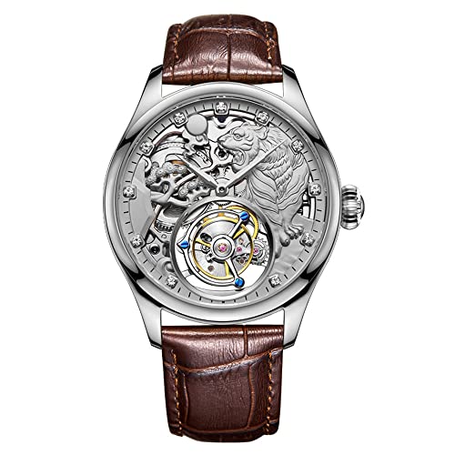 GZFCMY Aesop Tourbillon Mechanische Handaufzug Armbanduhr Herren Saphir Leuchtender Tiger Brüllender Wald Skelett Diamant Zifferblatt Uhr Lederband Alles geht glatt unbesiegbar Silberbraun 42mm Riemen von GZFCMY