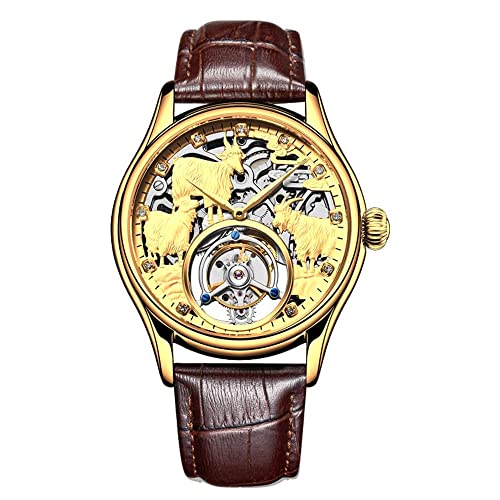 GZFCMY Aesop Tourbillon Mechanische Handaufzug Armbanduhr Herren Saphir Leuchtend Drei Schafe Skelett Diamant Zifferblatt Uhr Leder May You Life be Auspicious Uhr, Goldbraun, 42mm, Riemen von GZFCMY