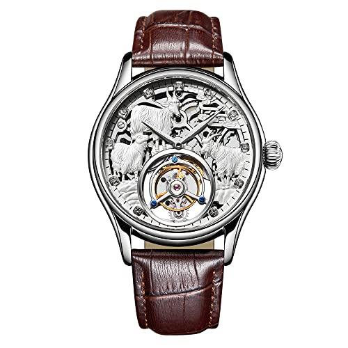 GZFCMY Aesop Tourbillon Mechanische Handaufzug Armbanduhr Herren Saphir Leuchtend Drei Schafe Skelett Diamant Zifferblatt Uhr Leder May You Life be Auspicious Uhr, Silberbraun, 42mm, Riemen von GZFCMY