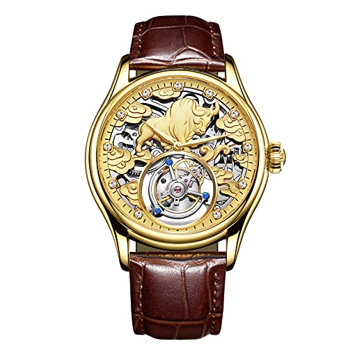 Aesop Tourbillon Mechanische Handaufzieh-Armbanduhr für Herren, Saphir, leuchtendes Rind, Skelett, Diamant-Zifferblatt, Uhr, Lederband, Ihr Geschäft ist wohlhabend und gedeihend, Goldbraun, 42mm von GZFCMY