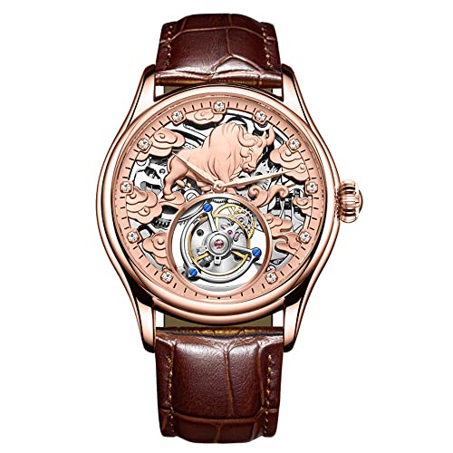 Aesop Tourbillon Mechanische Handaufzieh-Armbanduhr für Herren, Saphir, leuchtendes Rind, Skelett, Diamant-Zifferblatt, Uhr, Lederband, Ihr Geschäft ist wohlhabend und gedeihend, Rosenbraun, 42mm von GZFCMY