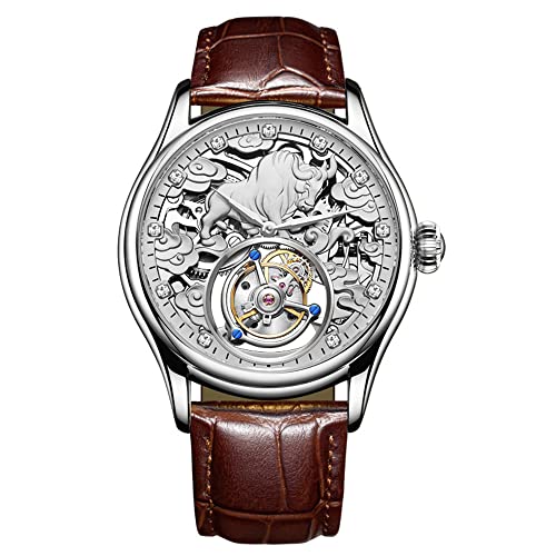 Aesop Tourbillon Mechanische Handaufzieh-Armbanduhr für Herren, Saphir, leuchtendes Rind, Skelett, Diamant-Zifferblatt, Uhr, Lederband, Ihr Geschäft ist wohlhabend und gedeihend, Silberbraun, 42mm von GZFCMY