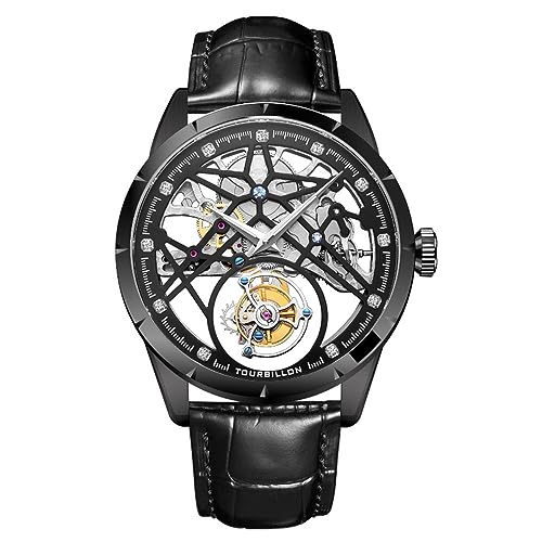 GZFCM Aesop Tourbillon Skelett Mechanische Handaufzug Vintage Armbanduhr Herren Saphirglas Diamant Business Hohl Leuchtende Uhr Mann Stahl Leder Wasserdicht Armbanduhr, Schwarzes Leder, M, Armband von GZFCMY