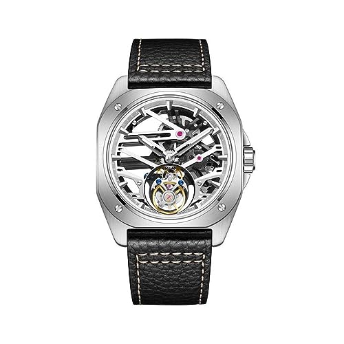 GZFCMY Aesop Echte Tourbillon Skelett Hand Wind Mechanische Armbanduhr Herren Saphir Kristall Diamant Business Kleid Hohl Wasserdicht Uhr Mann Leuchtend Edelstahl Leder Quadratisch Gehäuse Armbanduhr, von GZFCMY