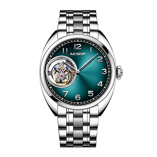 GZFCMY Aesop Echte Tourbillon Skelett Mechanische Handaufzug Armbanduhr Herren Saphir Kristall Diamant Business Kleid Hohle Uhr Mann Aurora Zifferblatt Edelstahl Leder, Stahlgrün, M, Armband von GZFCMY