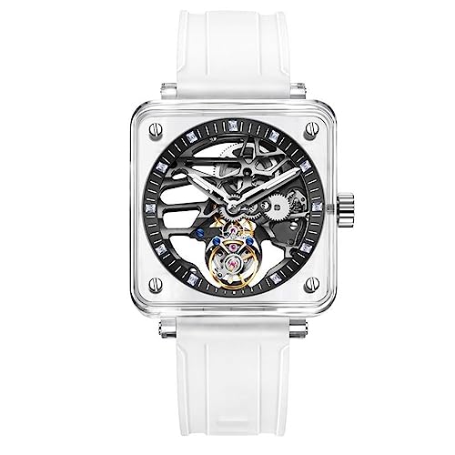 GZFCMY Aesop Echte fliegende Tourbillon Skelett Mechanische Hand Wind Armbanduhr Herren Saphirglas Diamant Business Kleid Hohl Zifferblatt Uhr Mann Super Leuchtend Transparent Gehäuse Gummiband, von GZFCMY