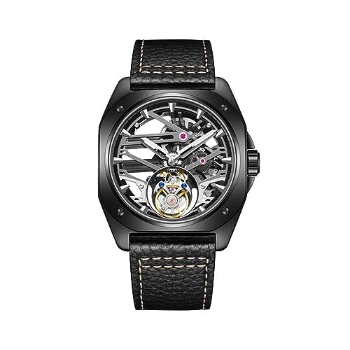 GZFCMY Aesop Tourbillon Skelett Hand Wind Mechanische Armbanduhr Herren Saphir Kristall Diamant Business Kleid Hohl Wasserdicht Uhr Mann Leuchtende Stahl Leder Armbanduhr, Schwarz , M von GZFCMY