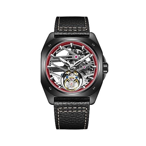 GZFCMY Aesop Tourbillon Skelett Hand Wind Mechanische Armbanduhr Herren Saphir Kristall Diamant Business Kleid Hohl Wasserdicht Uhr Mann Leuchtende Stahl Leder Armbanduhr, schwarz / rot, M von GZFCMY