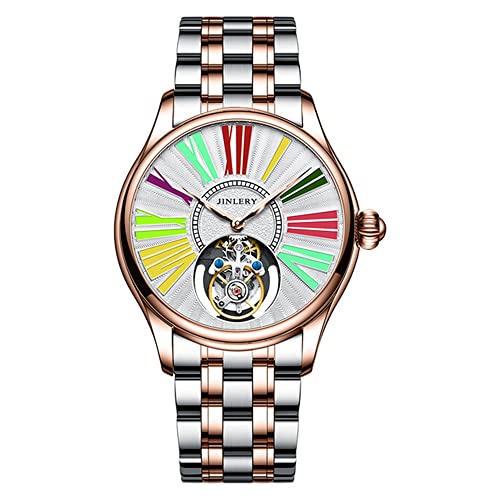 GZFCMY JINLERY Herren Skelett Tourbillon Armbanduhr Mechanische Handaufzug Edelstahl Leder Armbanduhr Saphir Kristall Manuell Wind Hohluhr Männlich Leuchtend, J9064g4 Rose White von GZFCMY