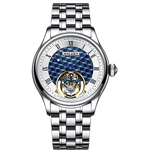 GZFCMY JINLERY Herren Skelett Tourbillon Armbanduhr Mechanischer Handaufzug Edelstahl Leder Schwungrad Armbanduhr Saphir Kristall Manuell Wind Hohluhr Männlich Leuchtend, J9065g2 Silber Weiß Blau von GZFCMY