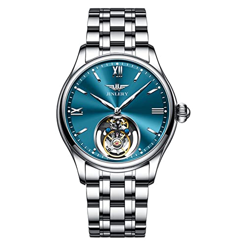 GZFCMY JINLERY Herren Tourbillon Armbanduhr Skelett Mechanischer Handaufzug Edelstahl Leder Armbanduhr Saphir Kristall Manuell Wind Hohluhr Männlich Leuchtend, J9061g2 Silber Blau von GZFCMY