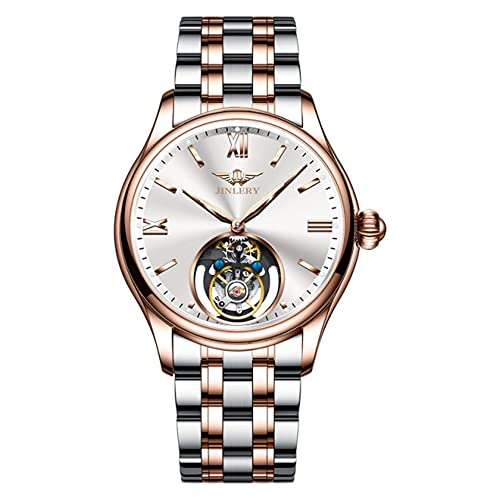 GZFCMY JINLERY Herren Tourbillon Armbanduhr Skelett Mechanischer Handaufzug Edelstahl Leder Armbanduhr Saphir Kristall Manuell Wind Hohluhr Männlich Leuchtend, J9061g4 Silber Rose Weiß von GZFCMY