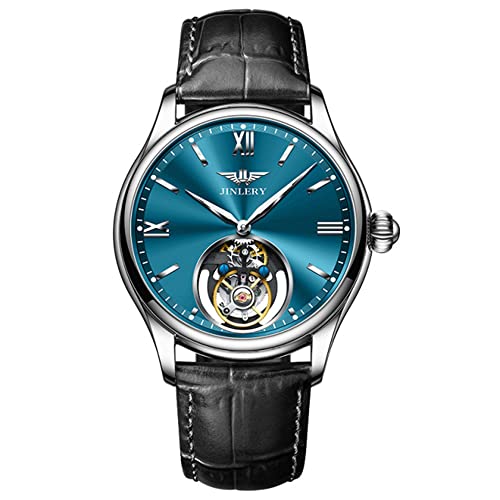 GZFCMY JINLERY Herren Tourbillon Armbanduhr Skelett Mechanischer Handaufzug Edelstahl Leder Armbanduhr Saphir Kristall Manuell Wind Hohluhr Männlich Leuchtend, J9061p2 Silber Blau Schwarz von GZFCMY