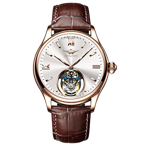 GZFCMY JINLERY Herren Tourbillon Armbanduhr Skelett Mechanischer Handaufzug Edelstahl Leder Armbanduhr Saphir Kristall Manuell Wind Hohluhr Männlich Leuchtend, J9061p4 Rose Weiß Braun von GZFCMY