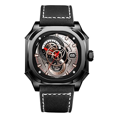 GZFCMY JINLERY Richard Square Herren Japan Automatik Selbstaufzug Mechanisch Leuchtend Edelstahl Leder Business Armbanduhr Saphirglas Wasserdicht Uhr Kalender, J9031p4 Schwarz, Armband von GZFCMY