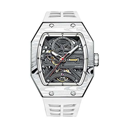 GZFCMY JINLERY Skelett Automatik Mechanische Herren Tourbillon Tonneau Armbanduhr Stahl Silikon Saphirglas Wasserdicht Richard Kinetic Hollow Clock Luminous, J9043j3 Weiß / Schwarz, Armband von GZFCMY