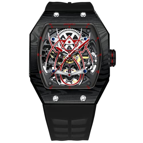 GZFCMY JINLERY Skelett Automatik Mechanische Herren Tourbillon Tonneau Armbanduhr Stahl Silikon Saphirglas Wasserdicht Richard Spider Hollow Clock Luminous, J9044j5 Schwarz, Armband von GZFCMY