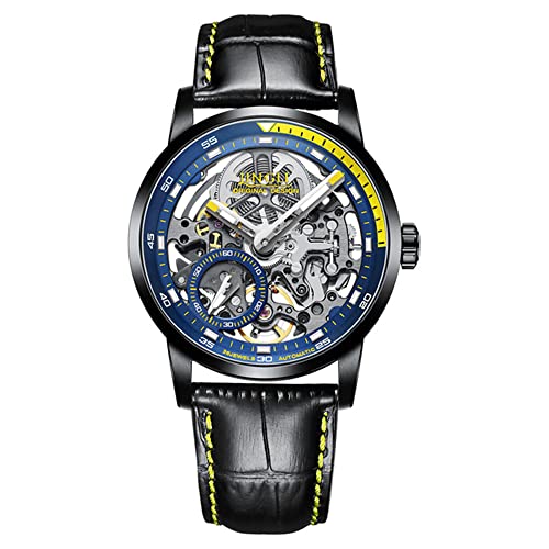 GZFCMY JINLERY Skelett Automatik Selbstaufzug Mechanische Herren Tourbillon Armbanduhr Business Edelstahl Leder Saphirglas Wasserdicht Uhr Leuchtender Chronograph, J9033p4 Blau Gelb Schwarz, Armband von GZFCMY