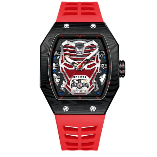 GZFCMY JINLERY Skelett Automatisch Mechanische Herren Tourbillon Tonneau Armbanduhr Kohlefaser Silikon Saphir Kristall Wasserdicht Leuchtende Iron Man Design Zifferblatt Hohle Uhr, J9063j2 Rot Schwarz von GZFCMY