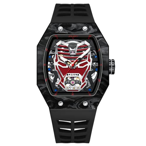 GZFCMY JINLERY Skelett Automatisch Mechanische Herren Tourbillon Tonneau Armbanduhr Kohlefaser Silikon Saphir Kristall Wasserdicht Leuchtende Iron Man Design Zifferblatt Hohle Uhr, J9063j3 Schwarz von GZFCMY