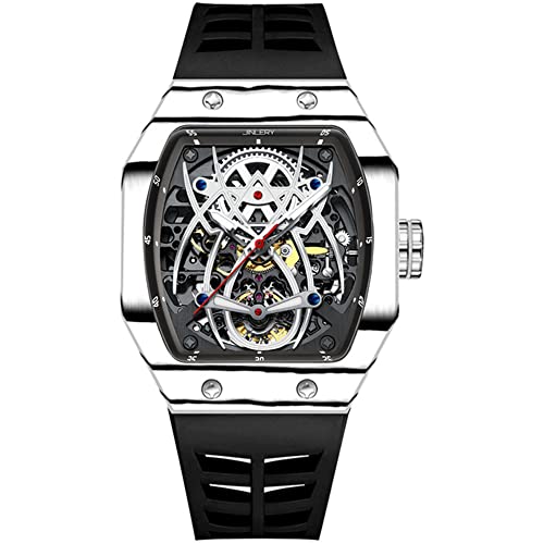 GZFCMY JINLERY Skelett Automatisch Mechanische Herren Tourbillon Tonneau Armbanduhr Kohlefaser Silikon Saphir Kristall Wasserdicht Leuchtende Spinne Hohluhr, J9054j1 Silber Schwarz von GZFCMY