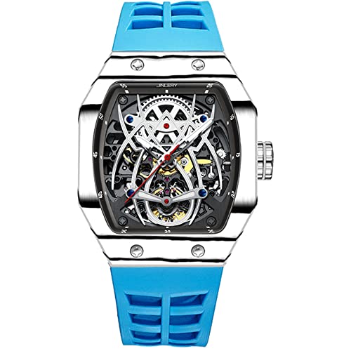 GZFCMY JINLERY Skelett Automatisch Mechanische Herren Tourbillon Tonneau Armbanduhr Kohlefaser Silikon Saphir Kristall Wasserdicht Leuchtende Spinne Hohluhr, J9054j2 Silber Blau von GZFCMY