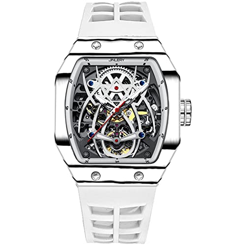 GZFCMY JINLERY Skelett Automatisch Mechanische Herren Tourbillon Tonneau Armbanduhr Kohlefaser Silikon Saphir Kristall Wasserdicht Leuchtende Spinne Hohluhr, J9054j3 Silber Weiß von GZFCMY